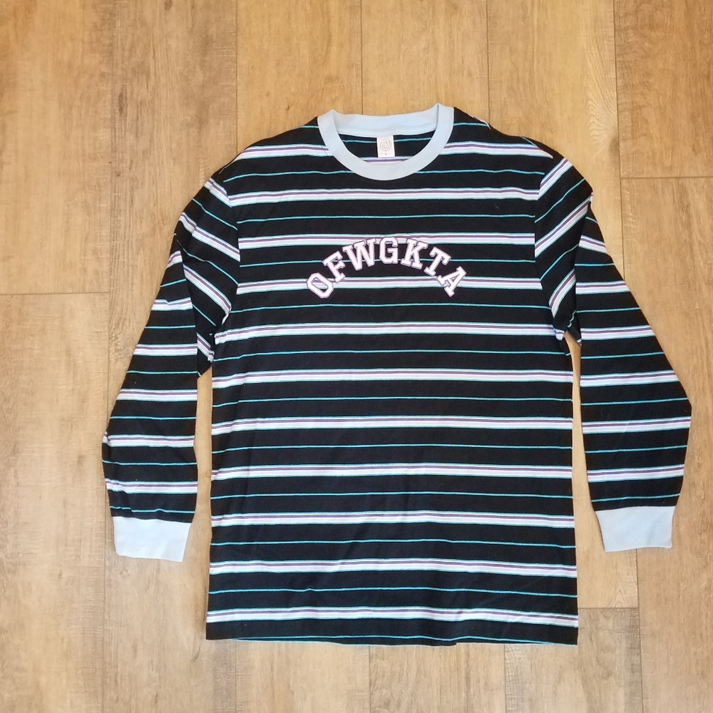 Men's cotton shirt. Black with light blue and purple stripes.